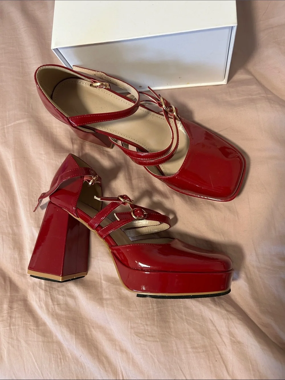 Women's Red High Block Heel Mary Jane Pumps